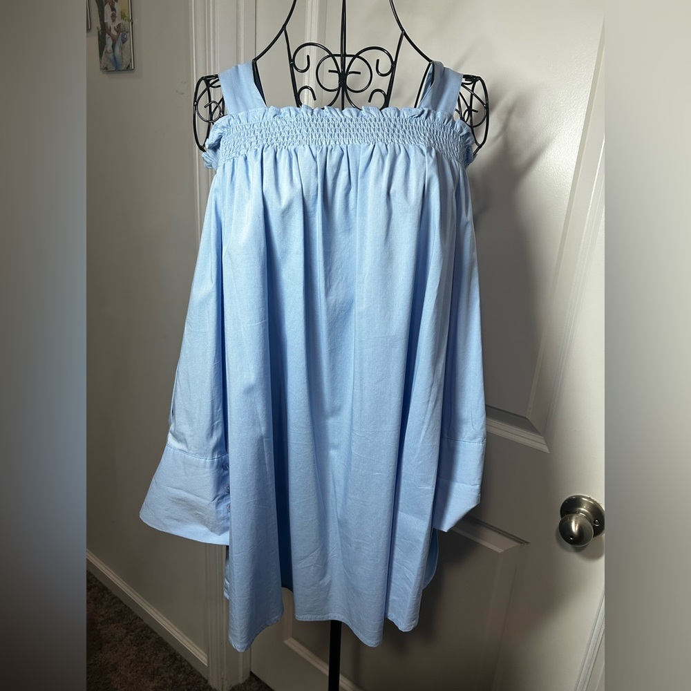Sharagano Sky Blue Cold-Shoulder Blouse with Buttons‎ on Cuff